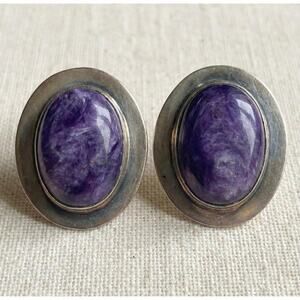 Sterling Silver Natural Purple Charoite Oval Cabochon Bezel Set Stud Earrings